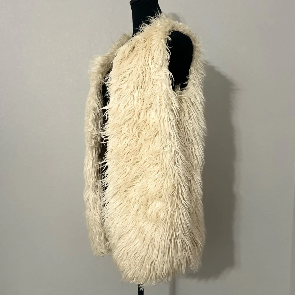I Love H81 Los Angeles California - Boho Cream Faux Fur Shaggy Long Vest Sz S/M